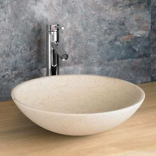 Round Beige Limestone Bathroom Vessel Sinks