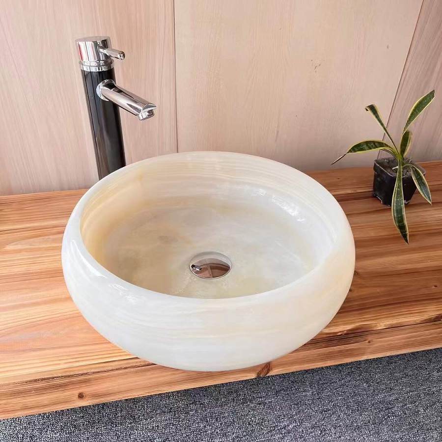 <b>White Beige Onyx Bathroom Round Vessel Sinks</b>