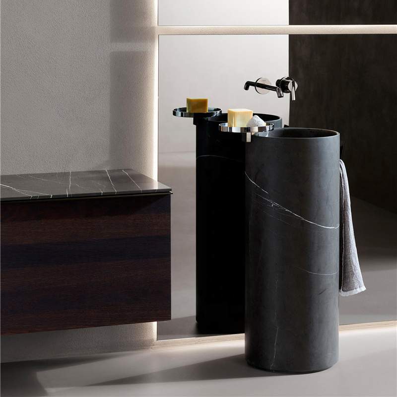 Honed Black Marquina Pedestal Bath Corner Sink