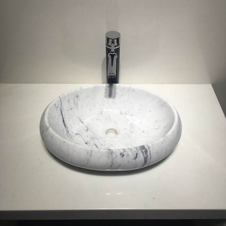 Polished Oval Carrara White Marble Vessel Sink