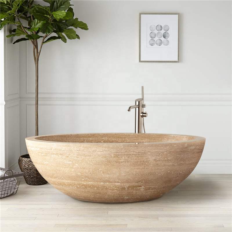 Natural Travertine Stone Freestanding Soaking Bathroom Tub