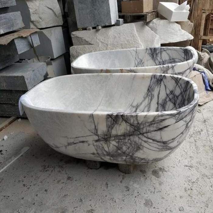 New York White Marble Freestanding Corner Bathtub