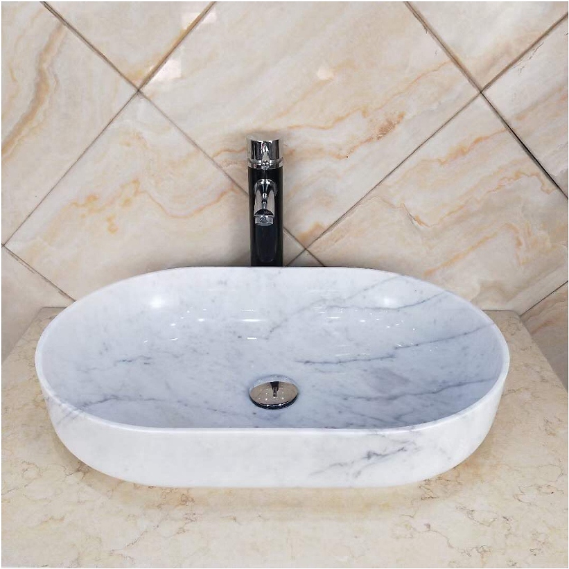 Oval Carrara White Marble Bathroom Washing Sinks