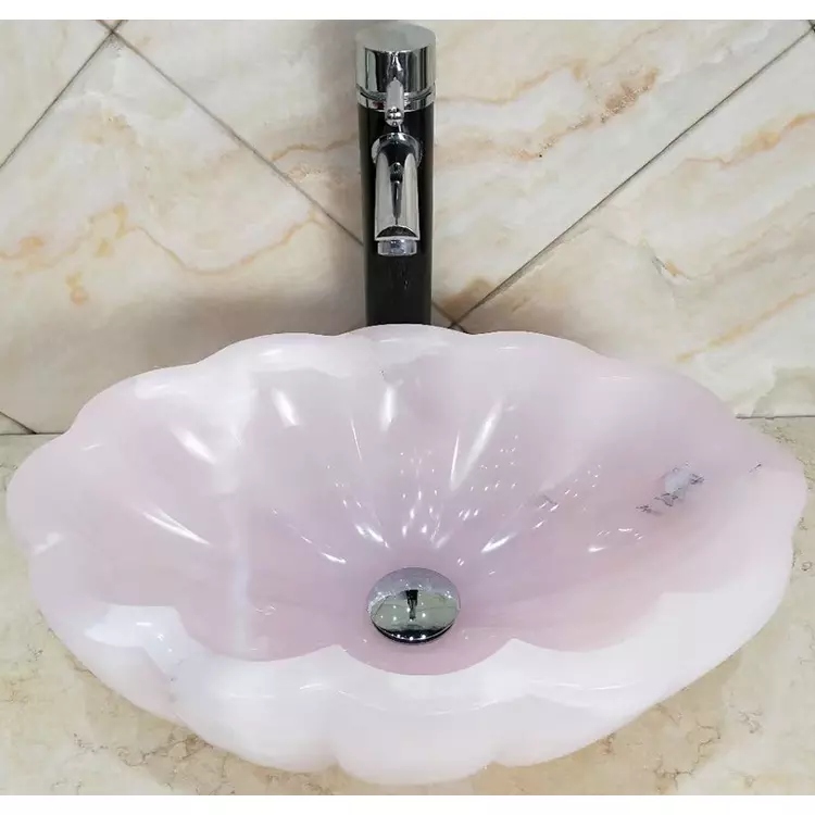 Flower Shaped Pink Onyx Bathroom Vessel Wash Sinks